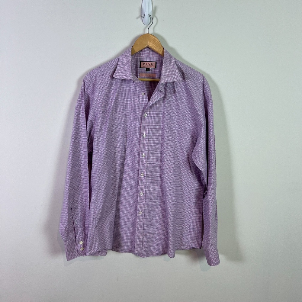 Thomas Pink Men’s Blue and Pink Plaid Button Down Long Sleeve Dress Shirt